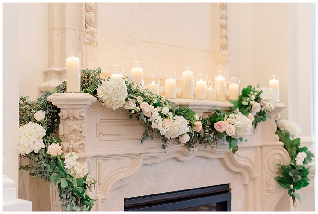 white and green florals and candles